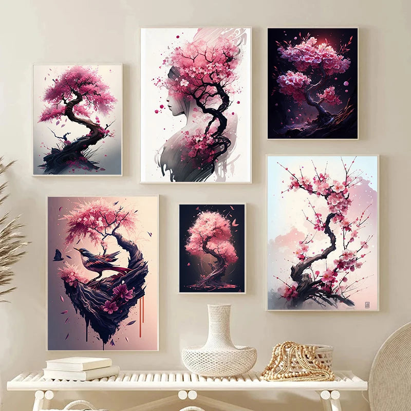 Japanese Sakura Cherry Blossom Canvas Wall Art – Pink Watercolor Canvas Wall Art Qst