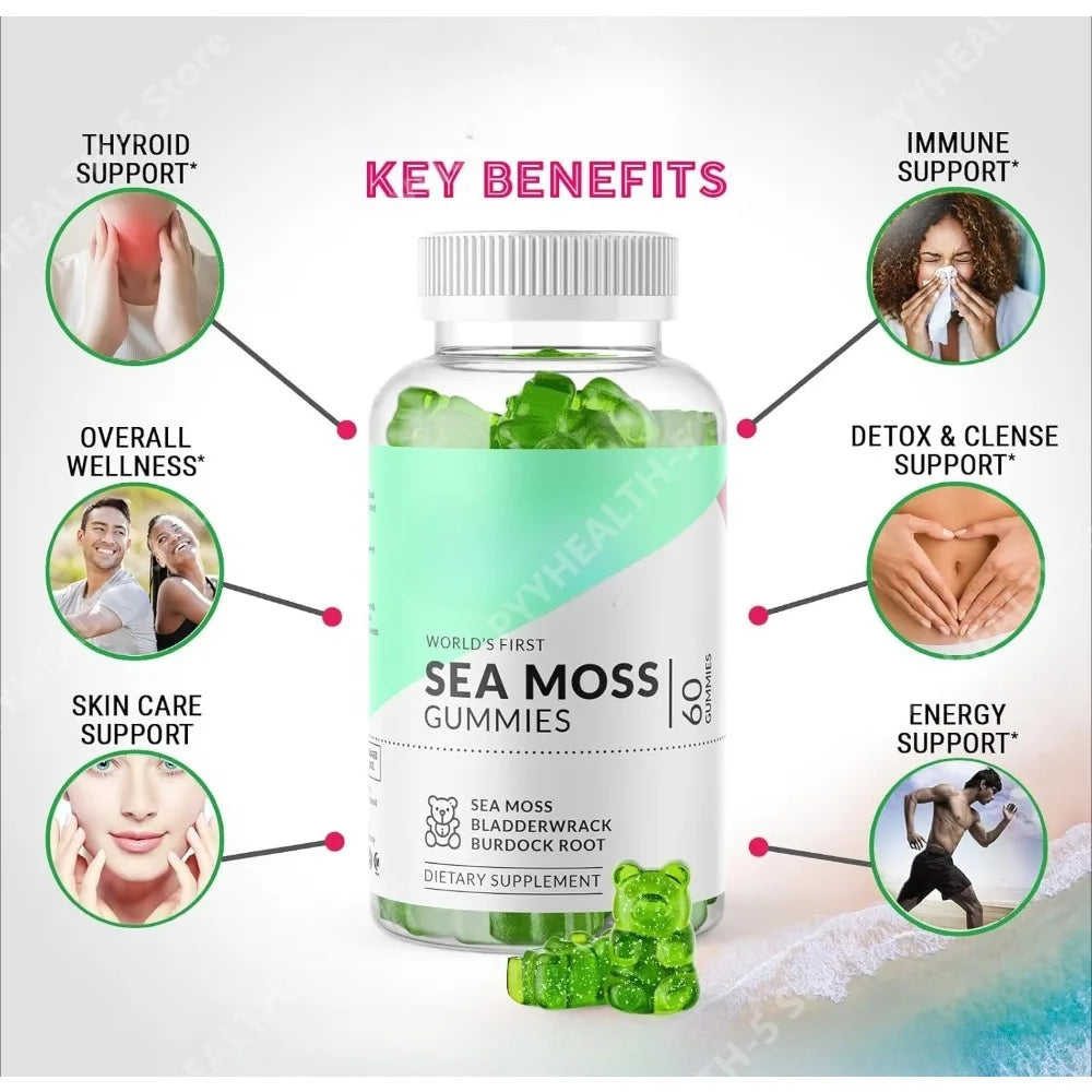 Irish Sea Moss Gummies – Vegan Immune & Gut Wellness 60ct Sea Moss Supplement Qst