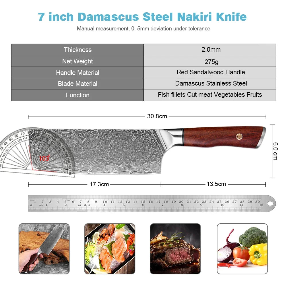Xituo 7" Nakiri Knife – Damascus Steel & Rosewood Handle Nakiri Kitchen Knife Qst