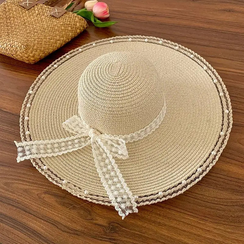 Women's Oversized Straw Beach Hat – Wide Brim Bow Sun Hat Straw Sun Hat Qst A5