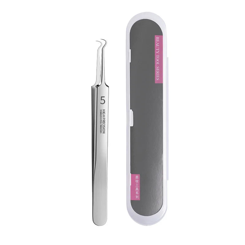 Precision Stainless Steel Blackhead & Pore Cleansing Tweezers Facial Skincare Tool Qme bend clip with box