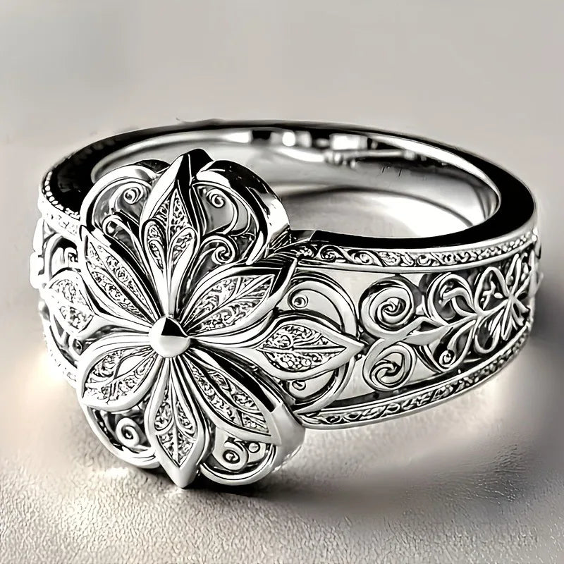 Vintage Flower Filigree Ring – Silver Hollow Floral Statement Filigree Statement Ring Qme