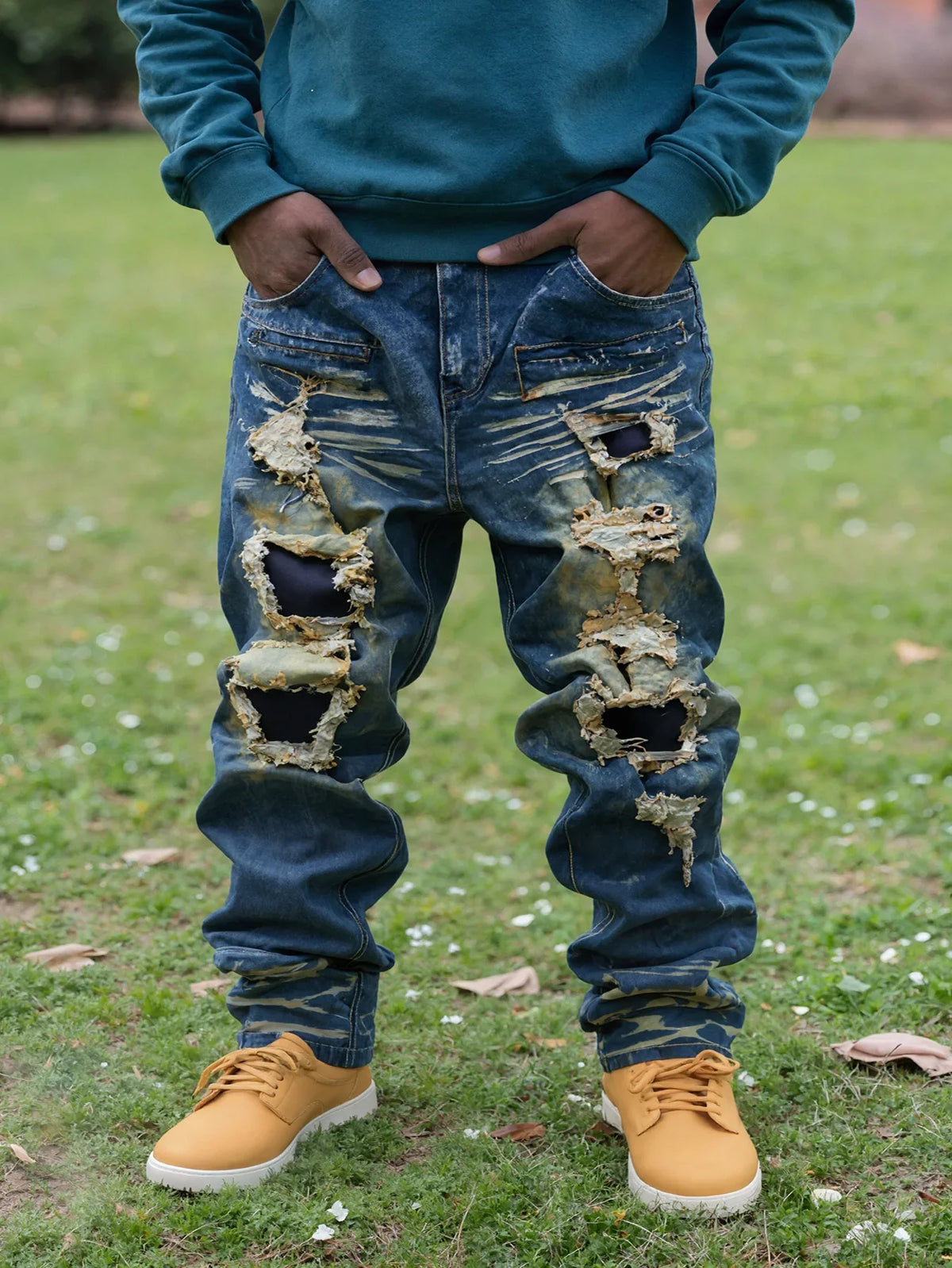 Men's Plus-Size Ripped Jeans Gradient Wash Extra Loose Fit Loose Fit Jeans Qme Blue XL