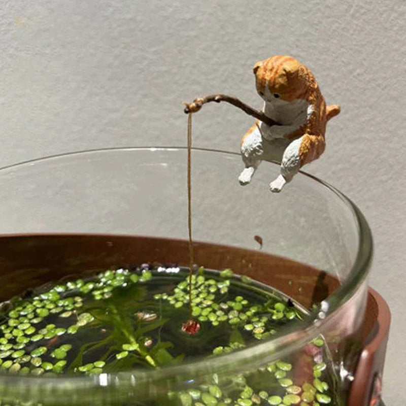 Fishing Cat Fish Tank Hanging Ornament | Mini Resin Decor Aquarium Ornament Qme