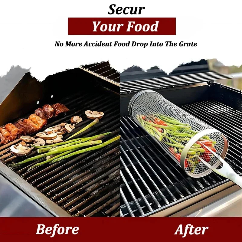 Stainless Steel Cylinder Rolling Grilling Basket | Portable BBQ BBQ Grilling Basket Qme