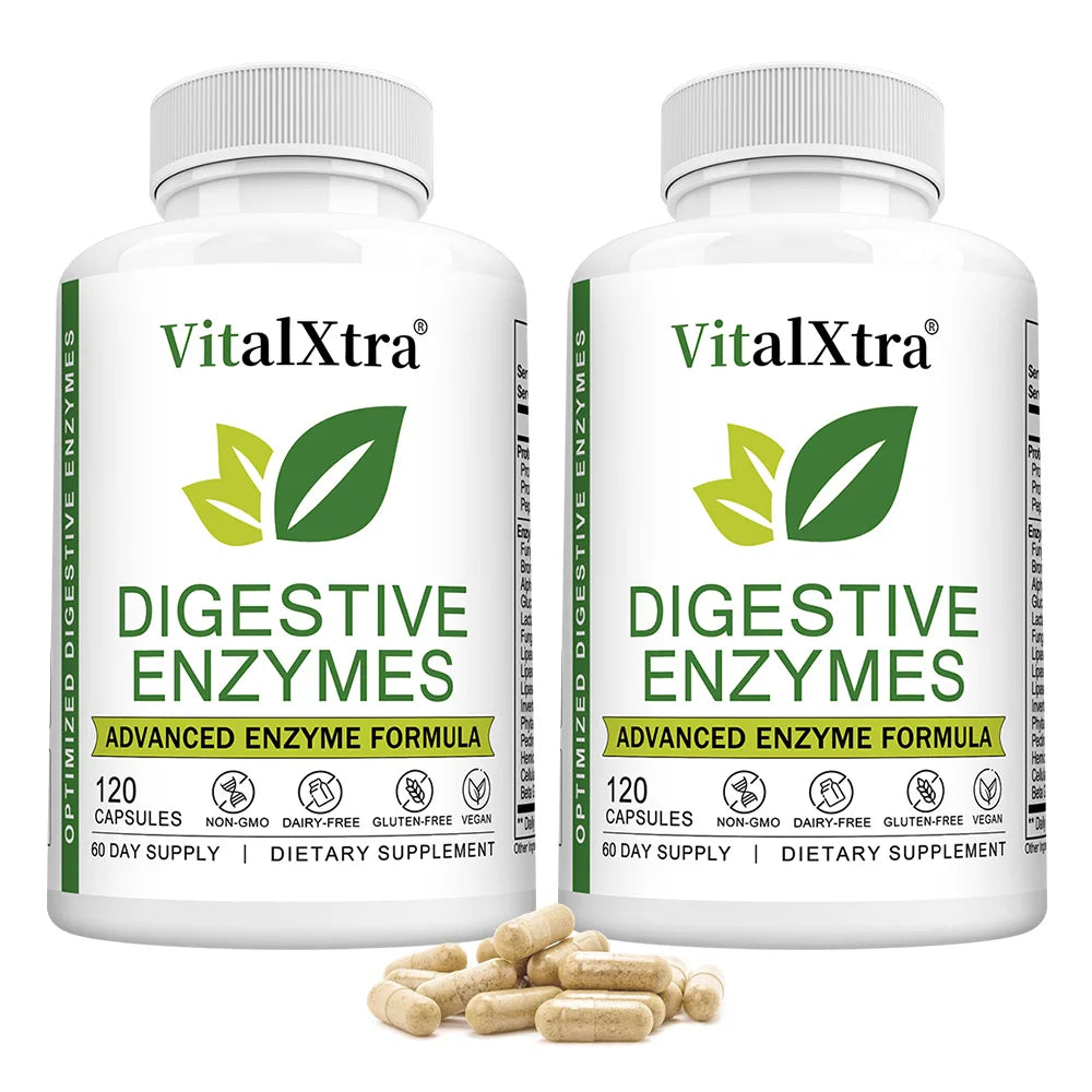 VitalXtra 18-Enzyme Digestive Supplement | Gut Health Capsules Digestive Enzyme Supplement Qst 120 count-2 bottle