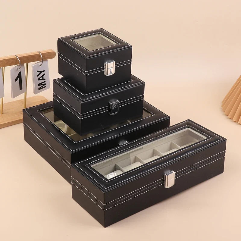 PU Leather Watch Box Display Case with Framed Glass Lid Watch Display Case Qme