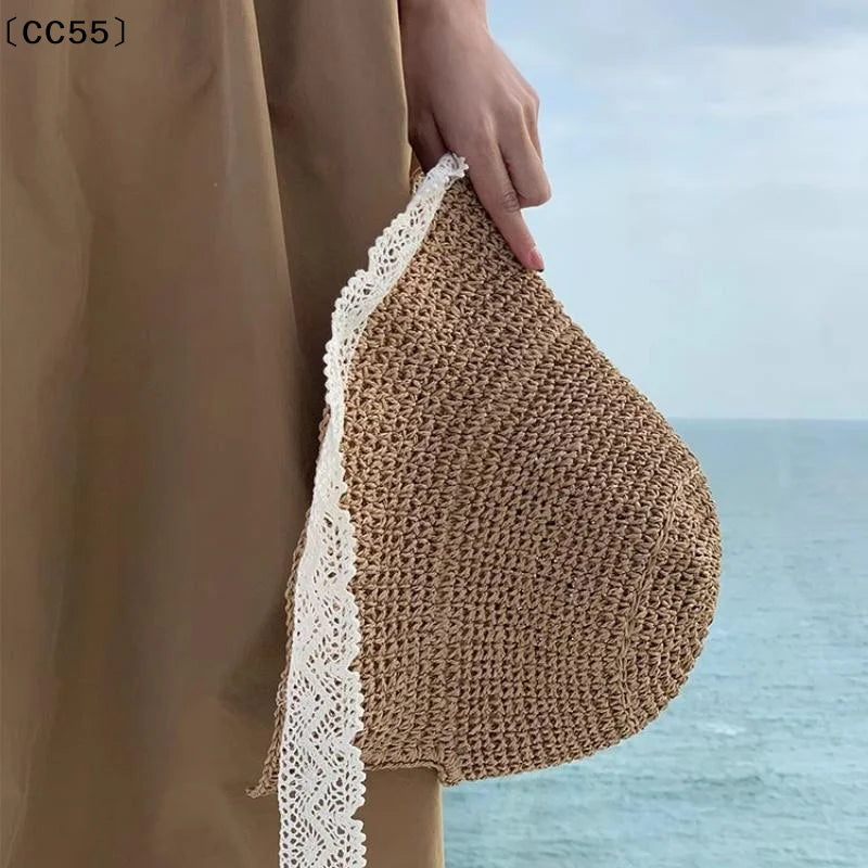 Women's Wide Brim Lace Straw Sun Hat – Foldable Beach UV Hat Straw Sun Hat Qst
