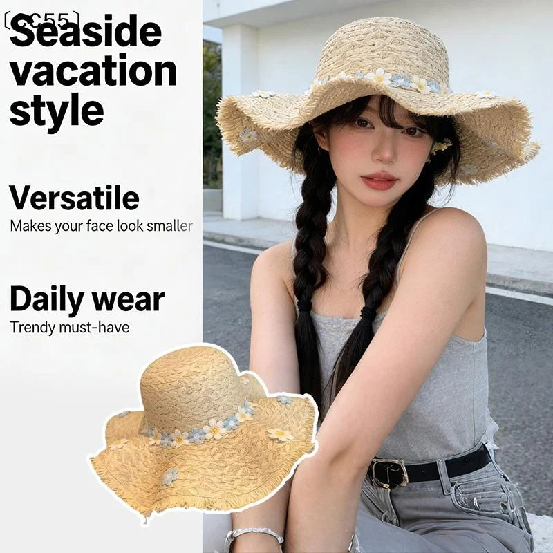 Women's Wide Brim Raffia Straw Sun Hat – Rolled Brim Beach Hat Straw Sun Hat Qst