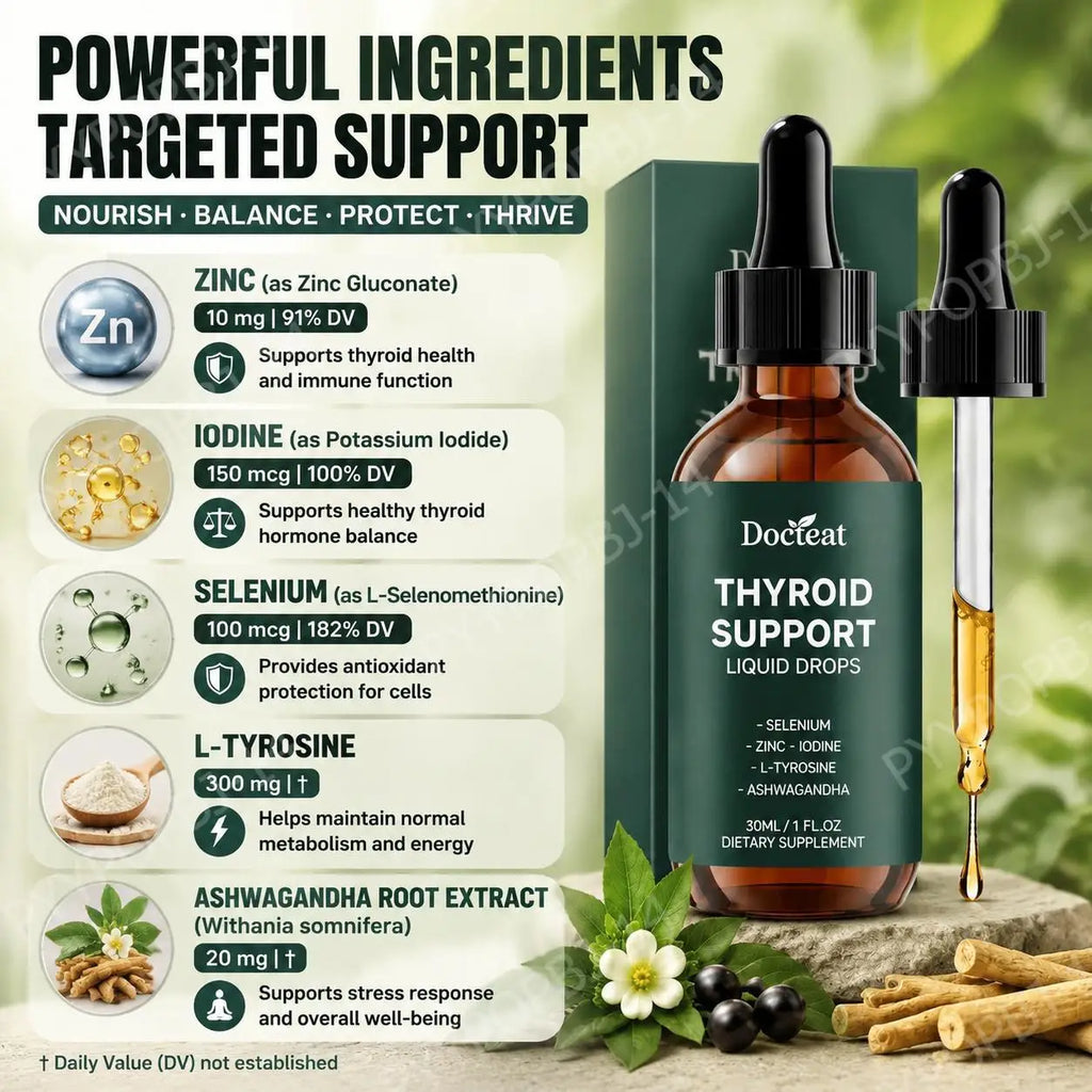 Docteat Thyroid Support Liquid Drops 30ml | Zinc Iodine Selenium Liquid Supplement Drops Qst