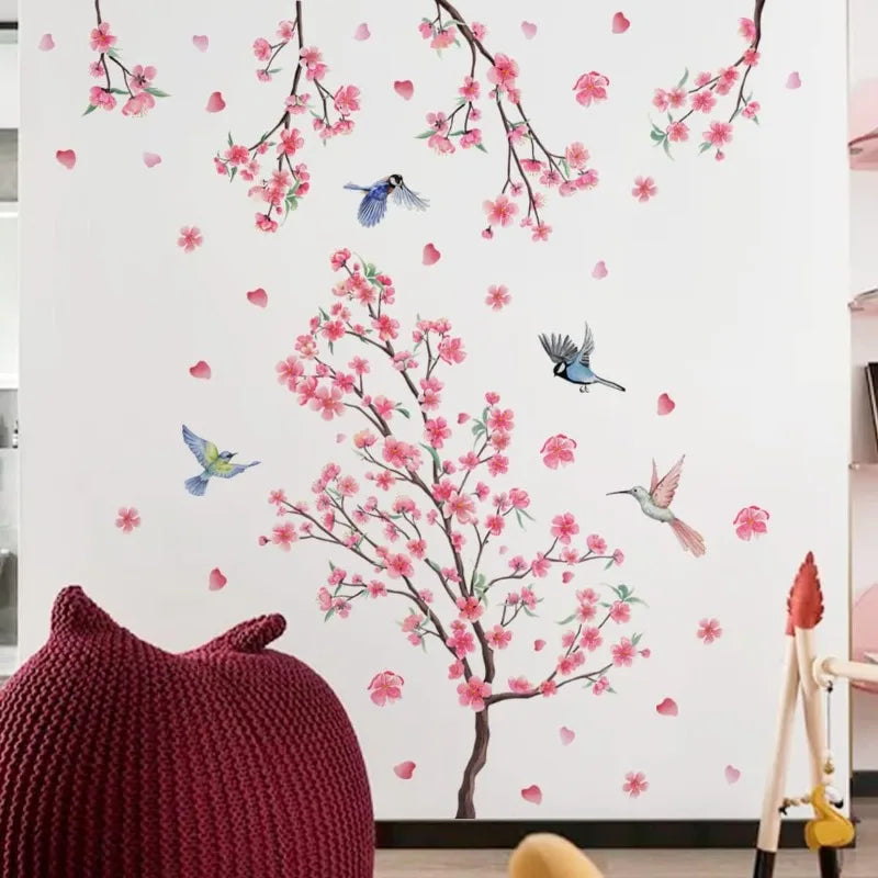Large Cherry Blossom Wall Stickers – Pink Floral Tree & Birds Wall Decal Sticker Qme