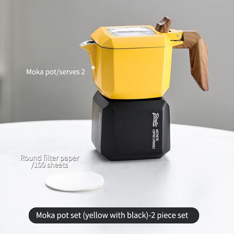 Bincoo Dual Valve Moka Pot Set with Hand Grinder & Filters Moka Pot Coffee Set Qst Yellow Black