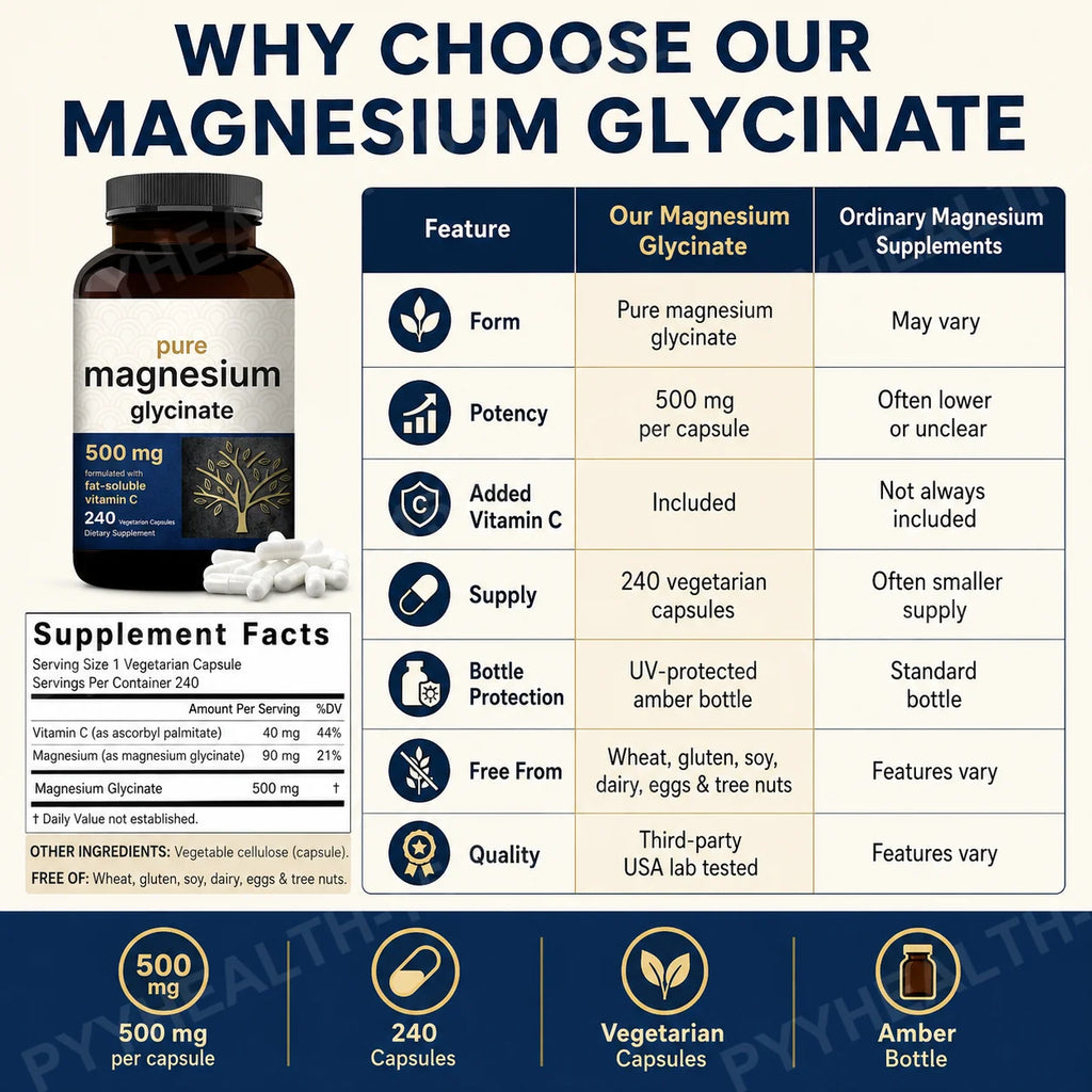 Magnesium Glycinate 500mg Veggie Capsules + Vitamin C, 240 Count Mineral Supplement Qst