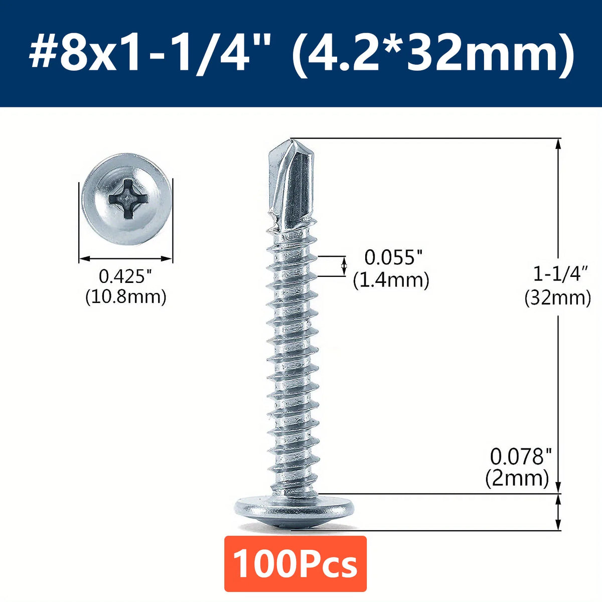#8 Phillips Truss Head Self-Drilling Tek Screws | Zinc Sheet Metal Sheet Metal Screws Qme 100pcs 32mm