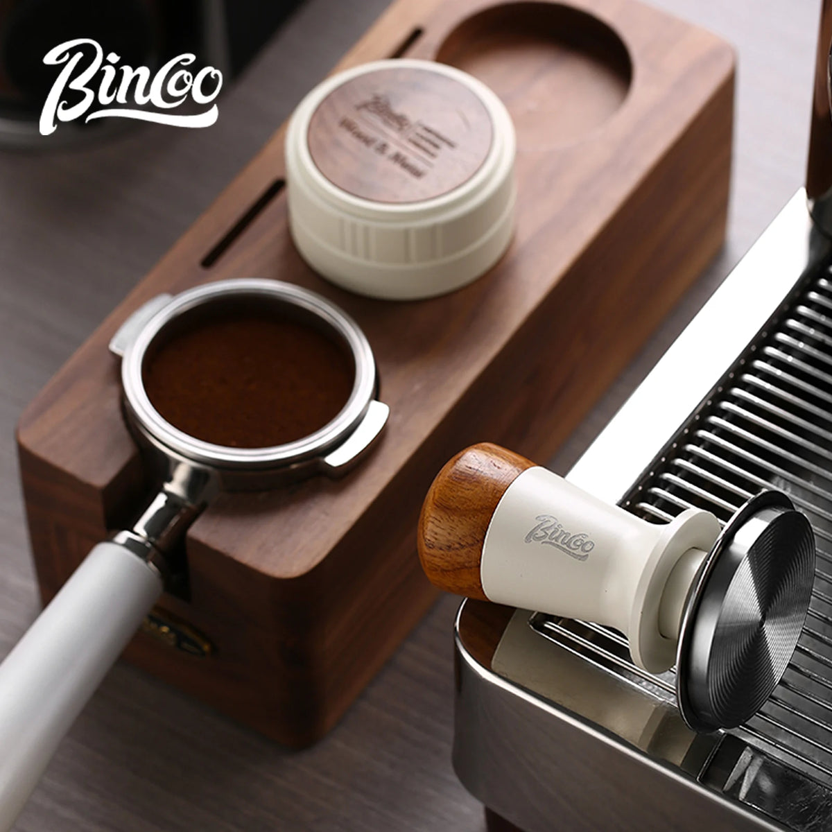 Bincoo Coffee Tamper Station 51/58mm Walnut Stand & Distributor Coffee Tamper Station Qst