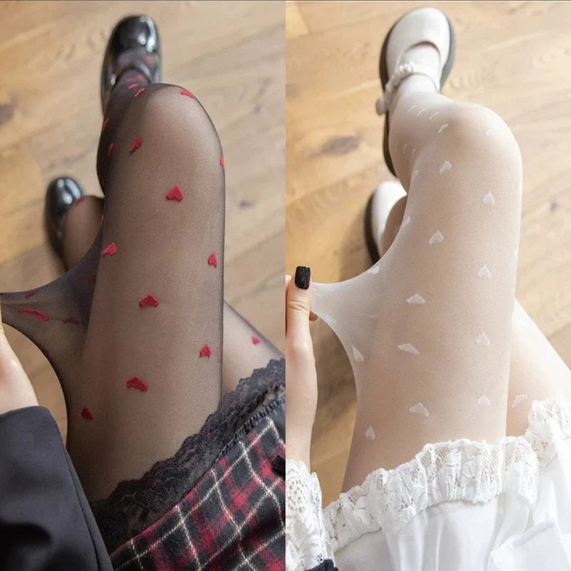 Women's Black Heart Tights Vintage Faux Tattoo Sheer Stockings Fashion Tights Qme