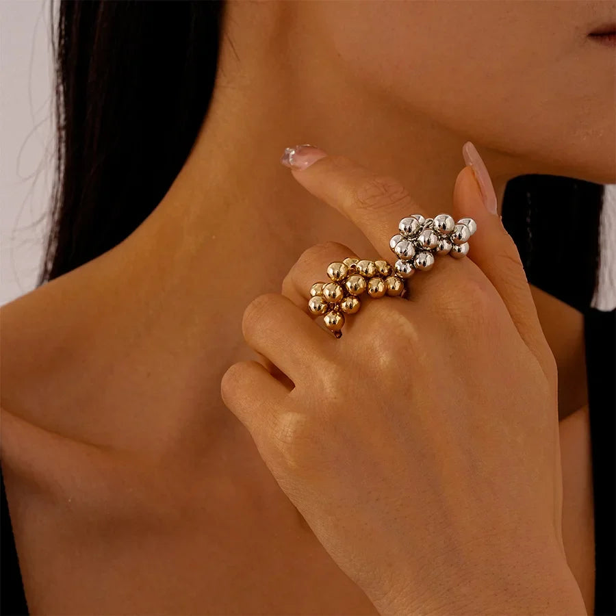 Vintage Metal Bead Ball Open Ring for Women – Irregular Style Fashion Statement Ring Qme