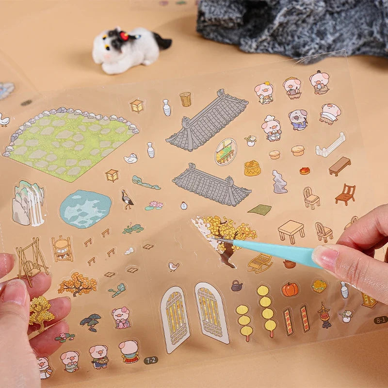3D Cartoon Landscape Sticker Book – Ancient Building DIY Cabin 3D Sticker Book Qme