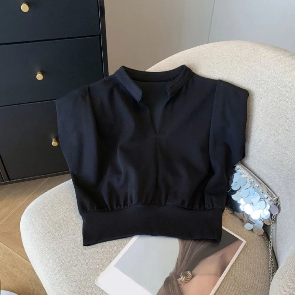 Y2K V-Neck Flip Collar Sleeveless Crop Top | Slim Fit Wide Shoulder Sleeveless Crop Top Qme Black M