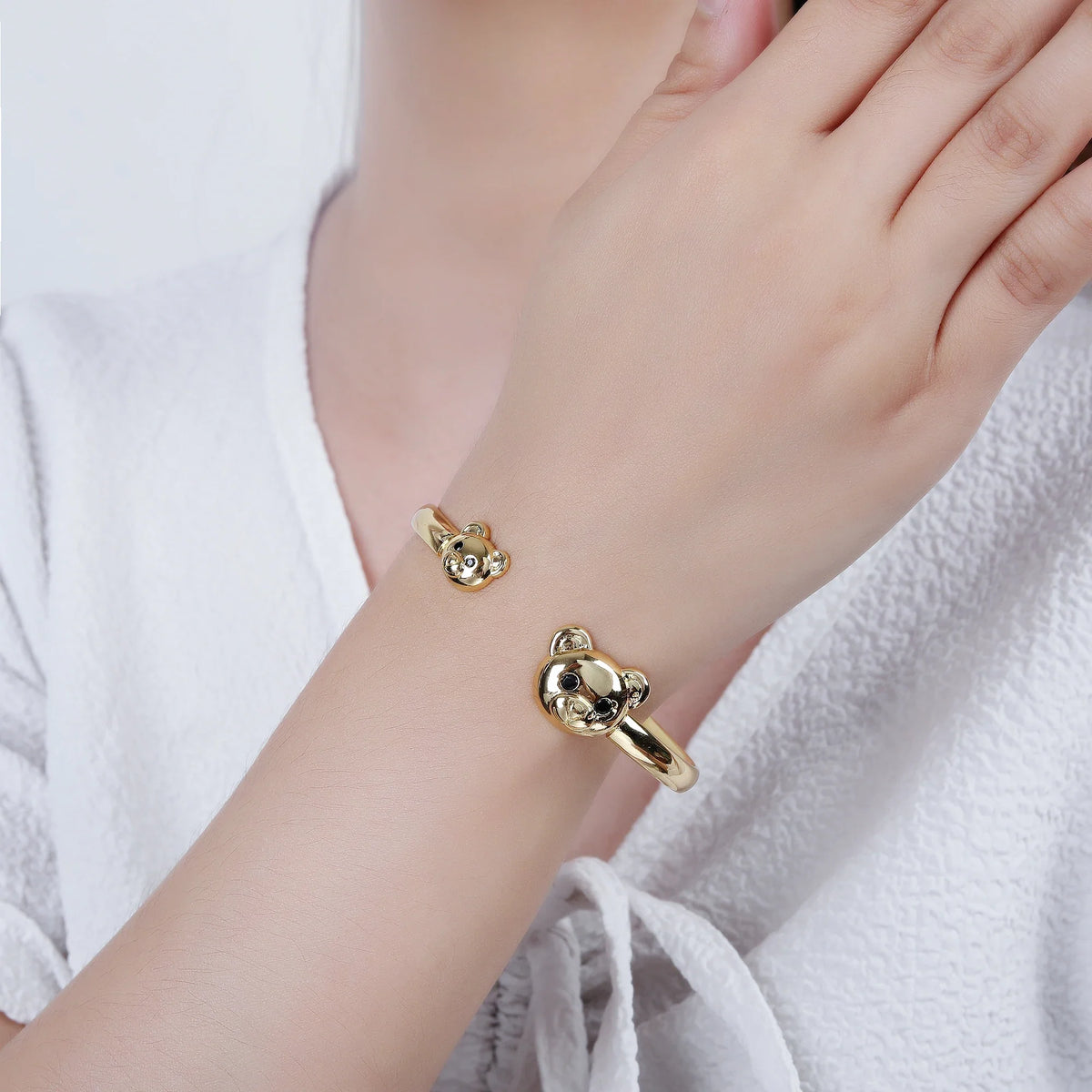 Zircon Bear Open Cuff Bangle | Gold Plated Hip Hop Bracelet Cuff Bangle Bracelet Qme