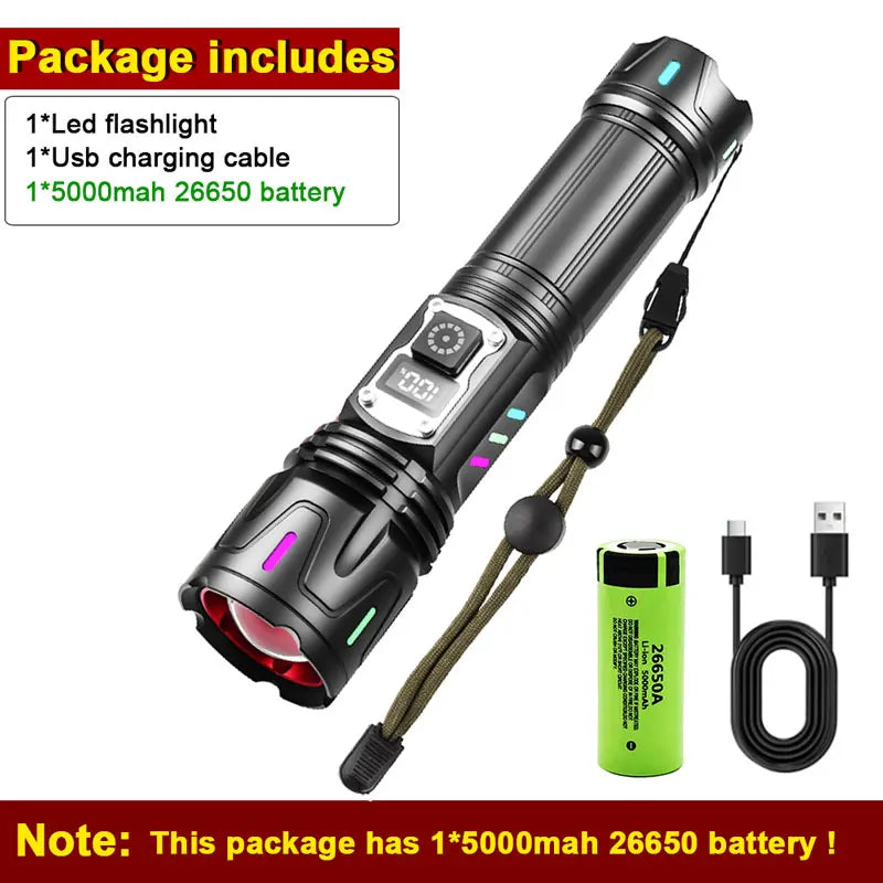 30W Rechargeable Tactical Flashlight – 5 Modes, Zoom, IP67 Tactical Flashlight Qst With 5000mah 26650