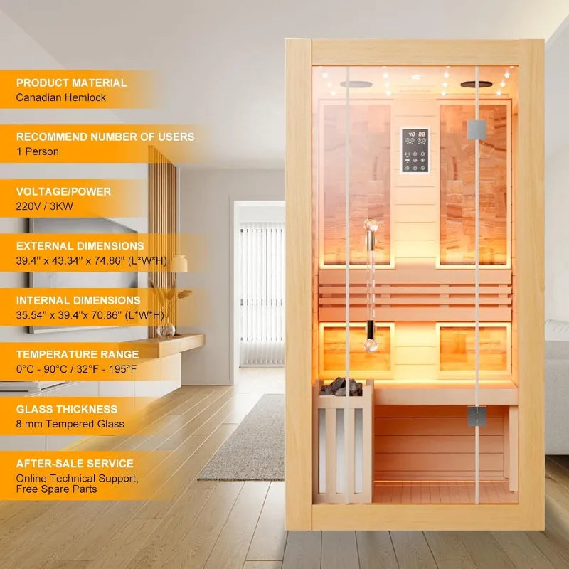 SMARTMAK 1-Person Canadian Hemlock Home Sauna – WiFi, 3.5kW Indoor Home Sauna Qst