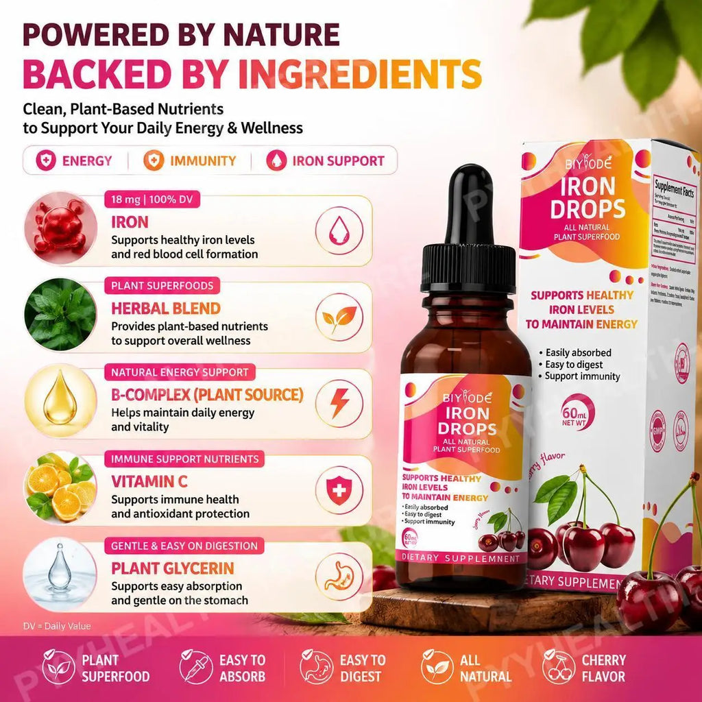 Biyode Iron Drops Cherry Flavor – Soy Free Liquid Iron 60mL Liquid Iron Supplement Qst