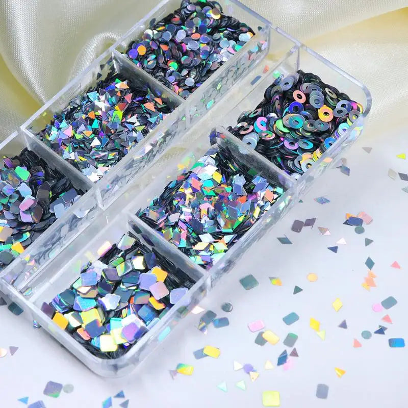 Flash Geometric Nail Glitter – 6-Grid DIY Nail Art Charm Set Nail Art Glitter Qst