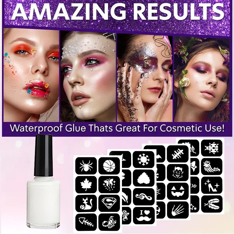 Reusable Temporary Tattoo Kit – Body Glue, Stencils & Glitter Body Art Kit Qme