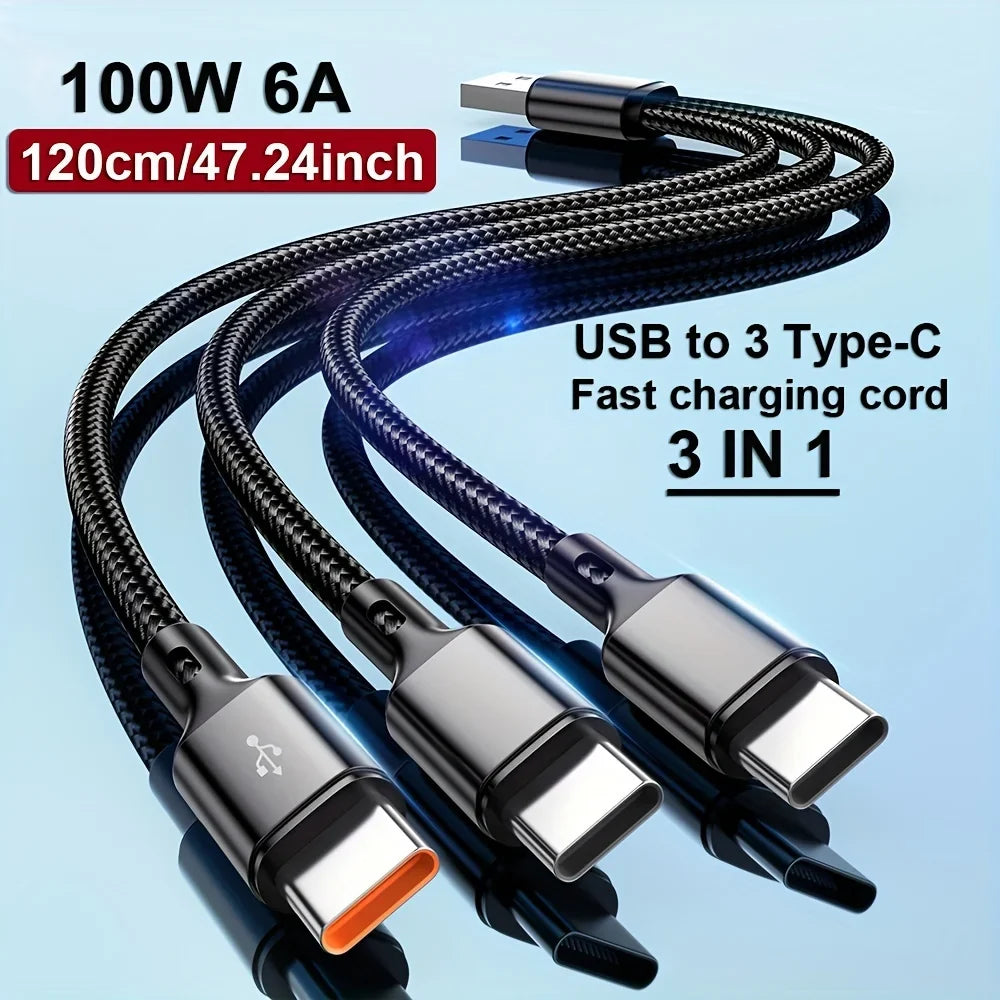100W USB-C Fast Charging Cable 6A Nylon Braided Multi-Port USB-C Charging Cable Qme