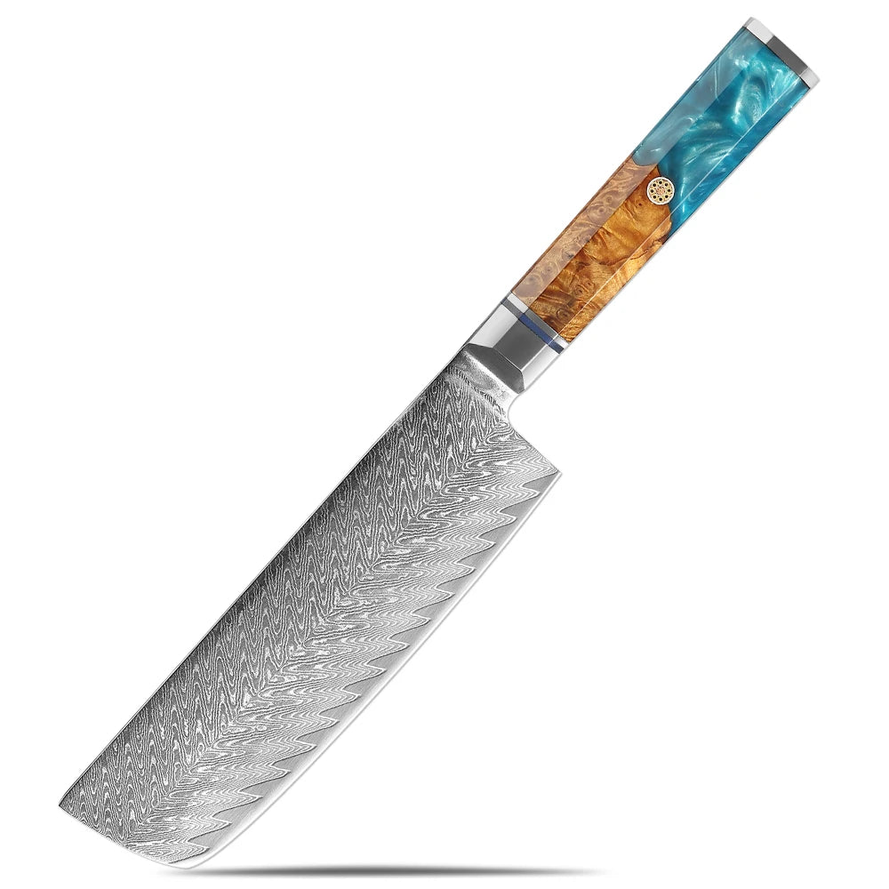 XITUO Damascus Steel Kitchen Knife Set – Blue Resin Handle Kitchen Knife Set Qst Nakiri Knife