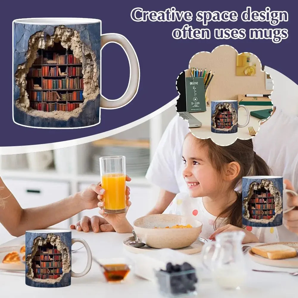 3D Bookshelf Library Mug – Ceramic Coffee Cup Gift for Readers Novelty Ceramic Mug Qst