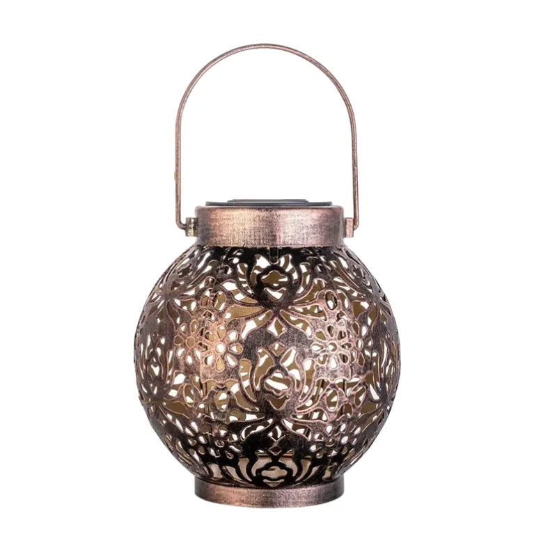 Solar LED Hanging Lantern – Hollow Wrought Iron Outdoor Light Solar Outdoor Lantern Qme Bronze 1pc