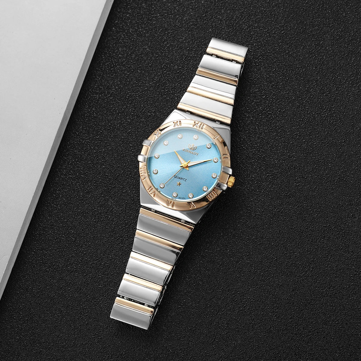 Women's Two-Tone Rhinestone Quartz Watch – Blue Dial Fashion Quartz Watch Qme