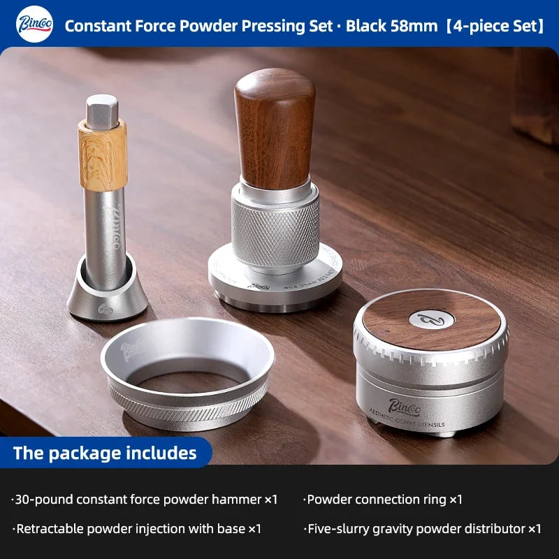 Bincoo 58mm Auto-Leveling Coffee Tamper – 5-Blade Wood Handle Espresso Tamper Qst Silver 4pcs B