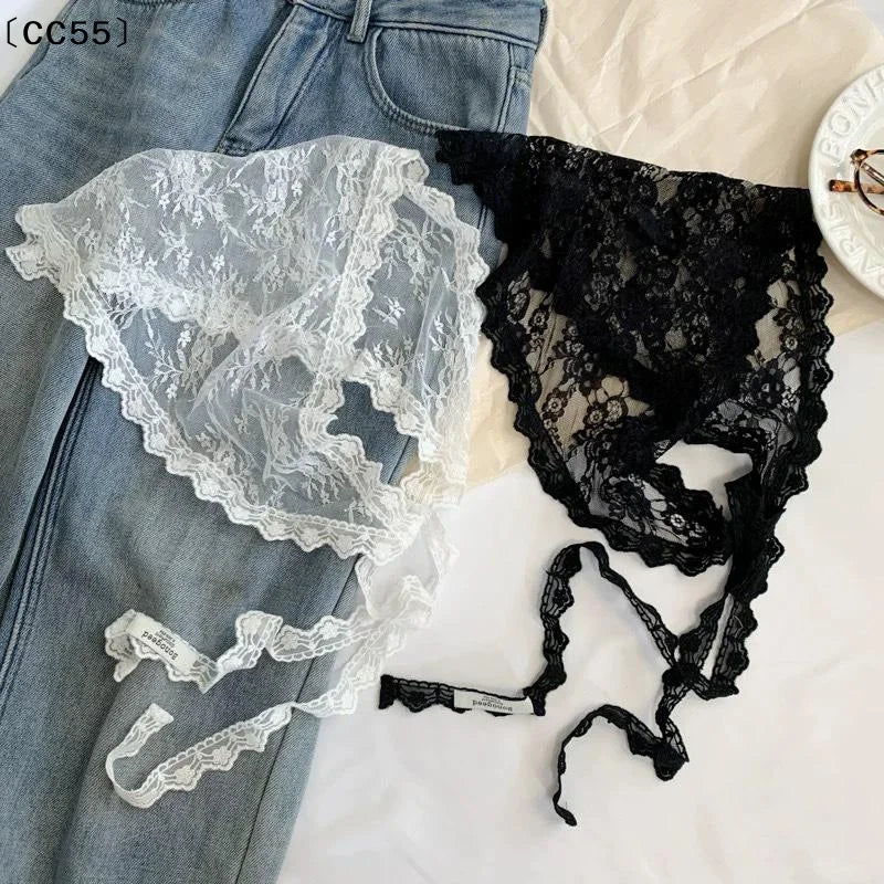 Frilly Lace Bandana Scarf – Triangle Head Wrap & Waist Belt Lace Bandana Scarf Qst