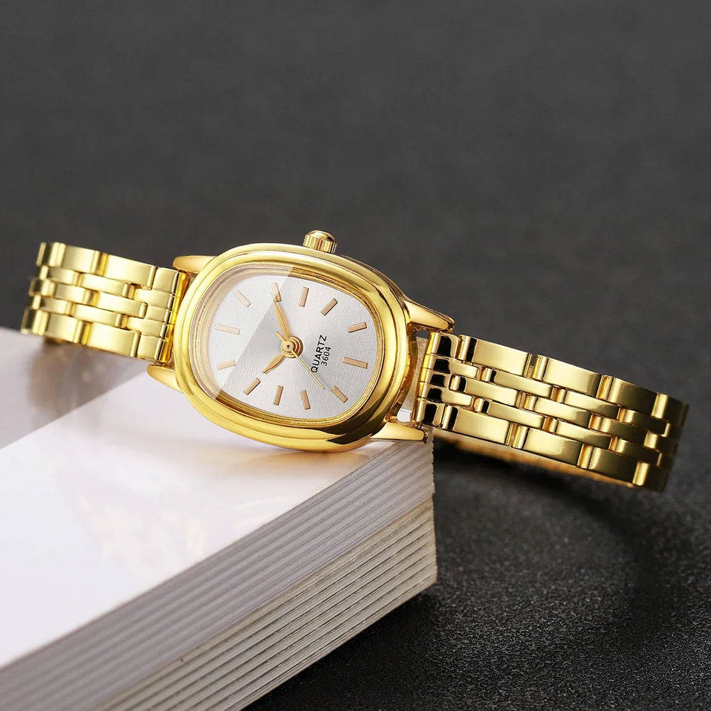 Women's Golden Oval Retro Small Watch – Slim Steel Strap Fashion Watch Qme