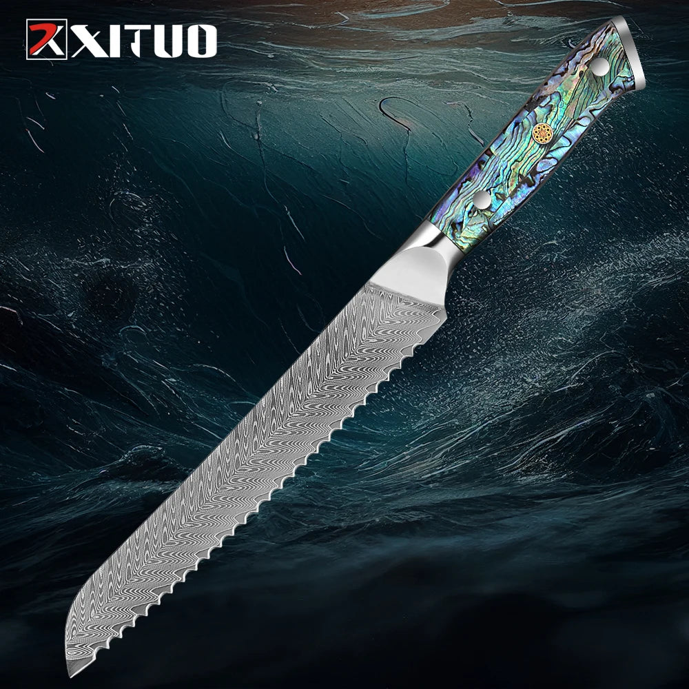 XITUO 8-Inch Damascus Serrated Bread Knife – VG-10 Steel Serrated Bread Knife Qst Default Title