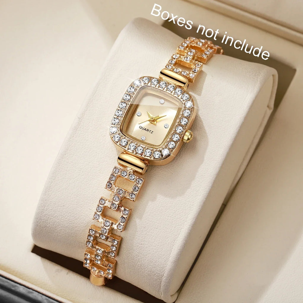 Women's Gold Square Rhinestone Bracelet Quartz Watch Bracelet Watch Qme Gold No Box