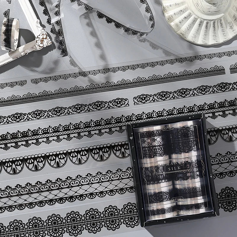 4 Rolls Black & White Lace Washi Tape Set – Scrapbooking DIY Decorative Washi Tape Qme A 4 rolls per box