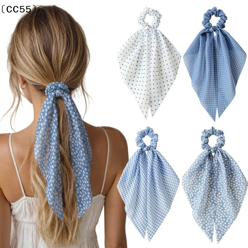 Chiffon Floral Bow Hair Scrunchies – Women's Ponytail Holder Hair Scrunchie Qst
