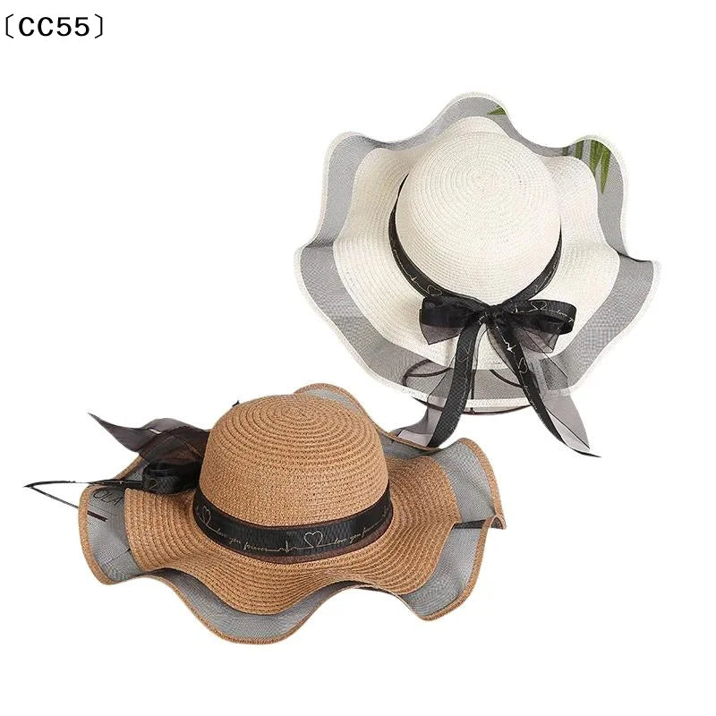 Wide Brim Straw Sun Hat – Lace Bow UV Protection Beach Cap Wide Brim Sun Hat Qst