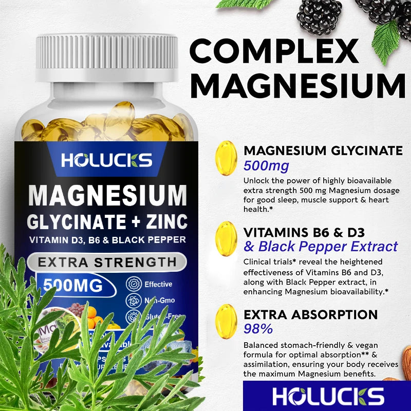 Holucks Magnesium Glycinate + Zinc Capsules with D3 & B6 Mineral Supplement Qst