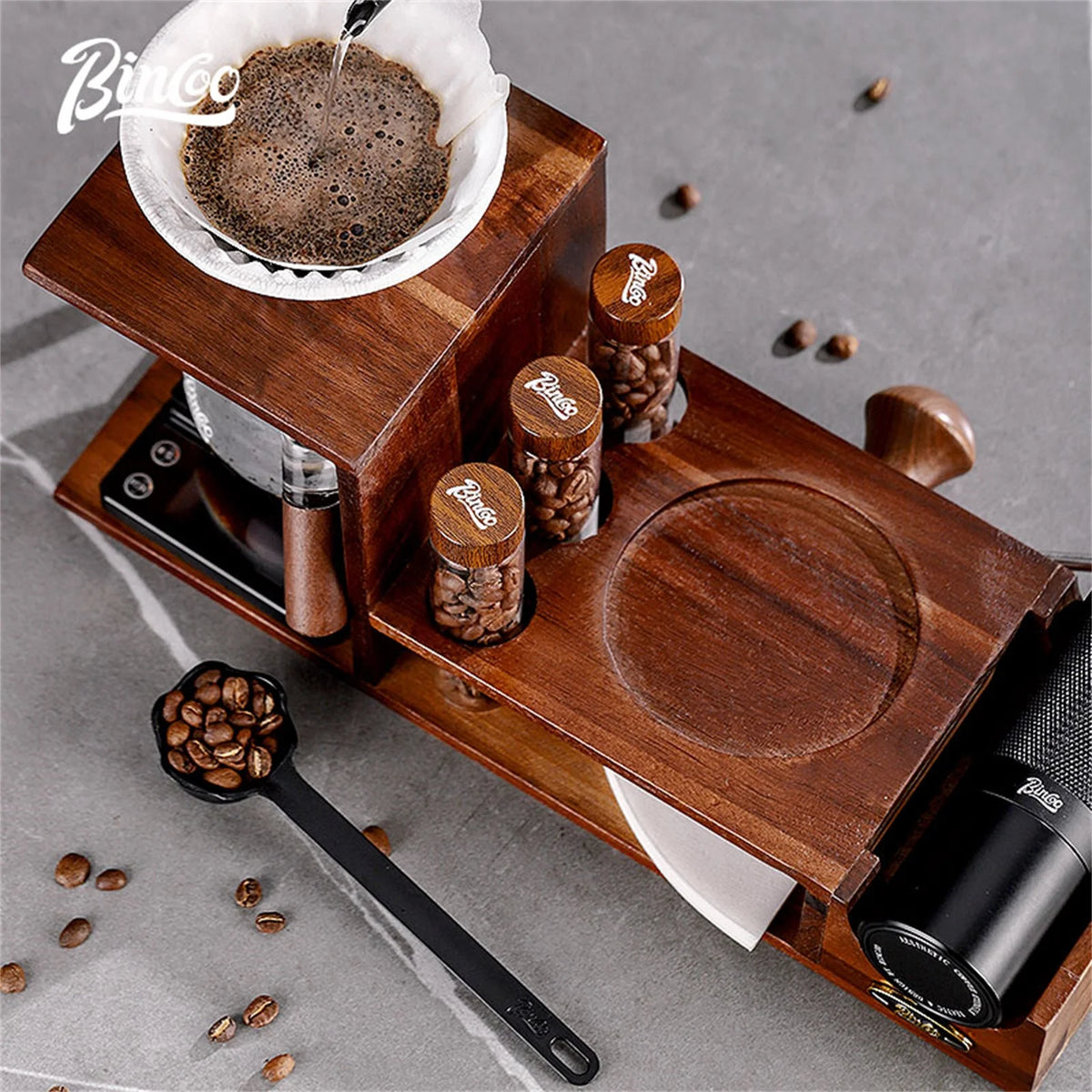 Bincoo Coffee Hand Grinder Storage Rack – 4-Piece Wood Set Coffee Organizer Rack Qst