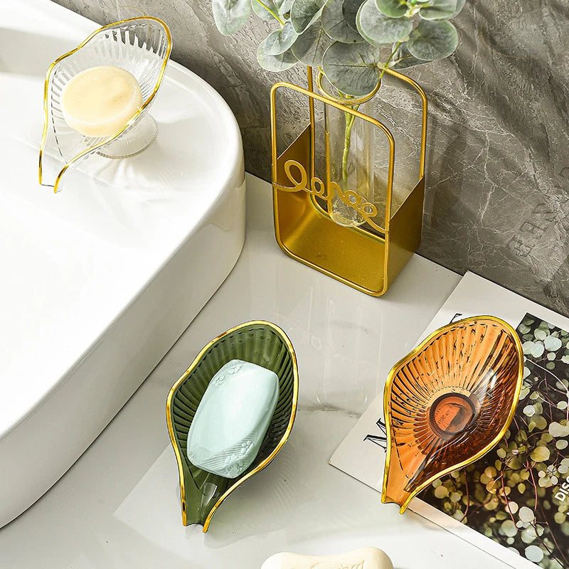 Leaf Shape Soap Dish with Drain Tray – Non-Slip PET Holder Soap Dish Holder Qst