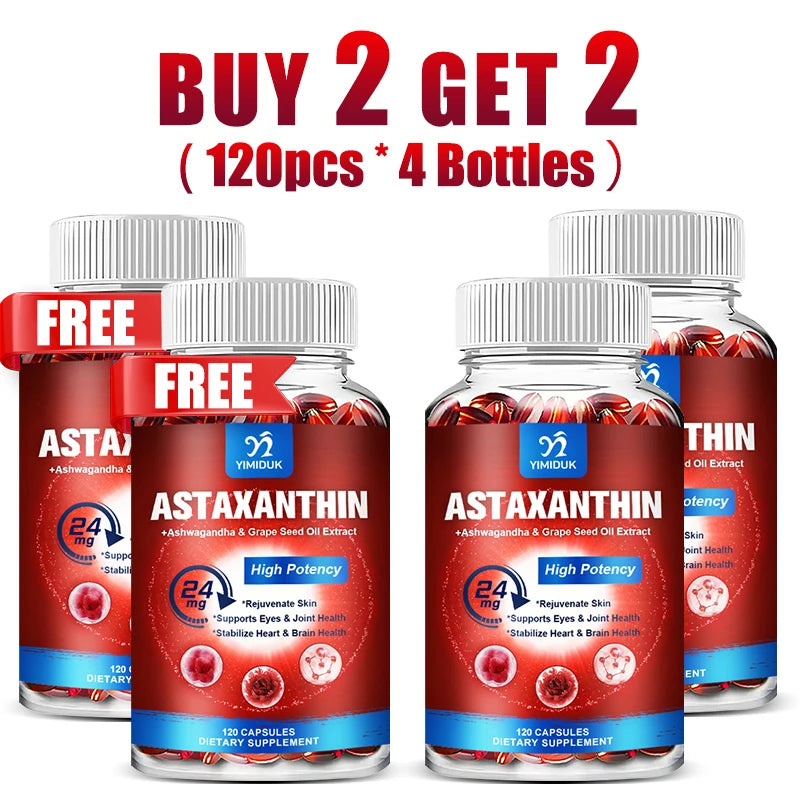 Yimiduk Astaxanthin 24mg – Grape Seed Oil & Ashwagandha, 120ct Antioxidant Supplement Qst 120pcs-4 Bottles