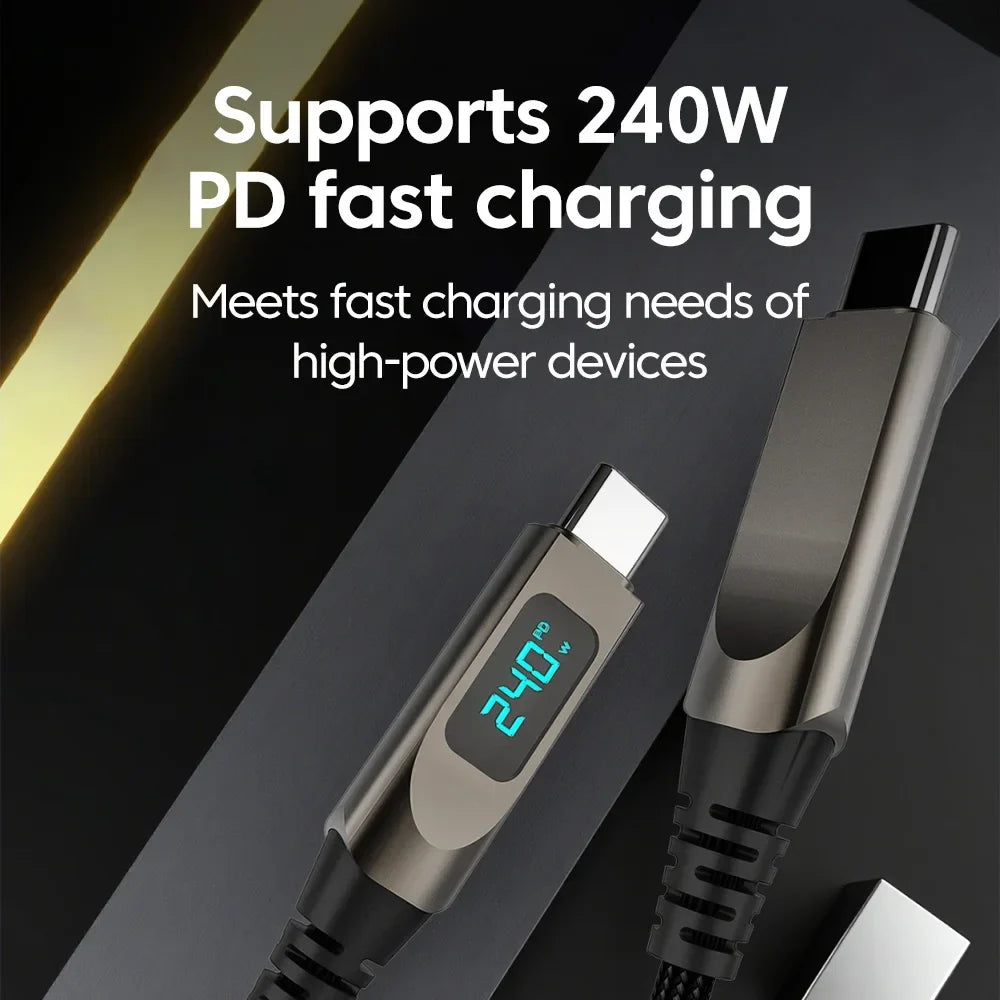 240W USB-C Braided Fast Charging Cable with Digital Display | Qme USB-C Charging Cable Qme