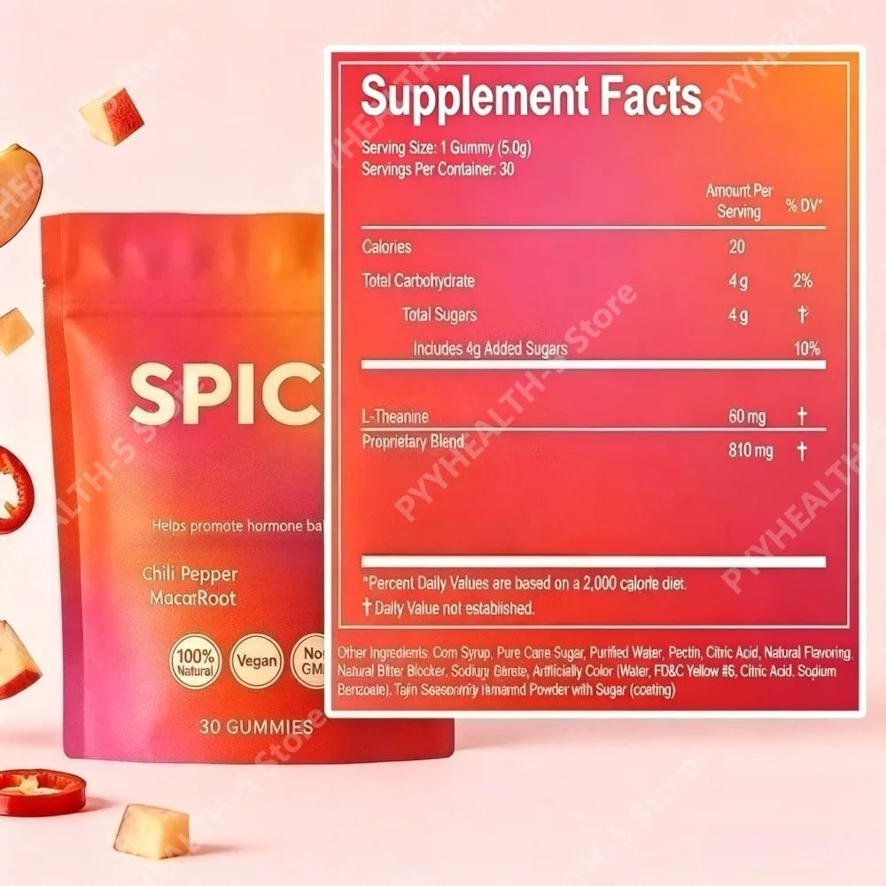Spicy Peach Gummies – L-Theanine, Maca Root & Chili | 30ct Wellness Gummies Qst