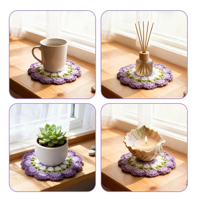 Handmade Crochet Flower Coaster – Purple Floral Knitted Cup Mat Crochet Cup Coaster Qme