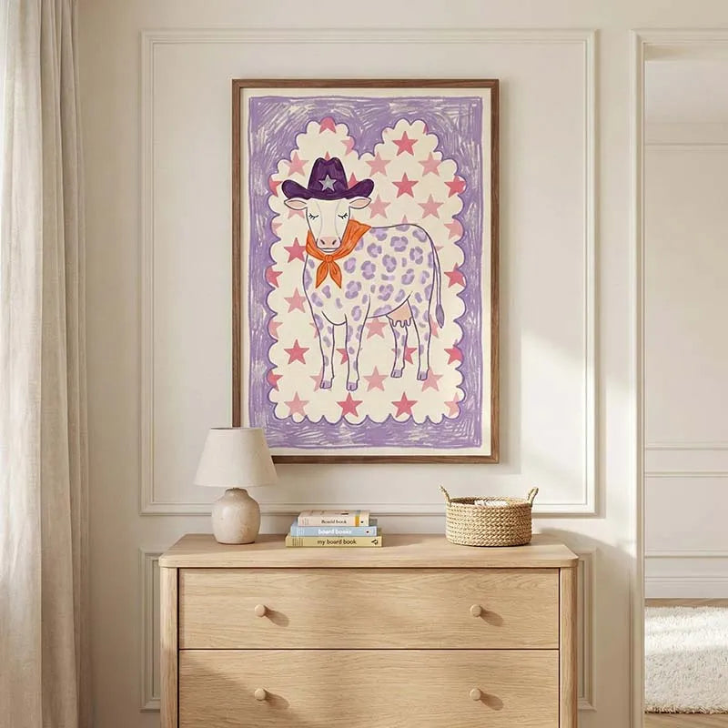 Pink Cowgirl Cow Nursery Canvas Wall Art – Farm Animal Print Nursery Canvas Print Qst